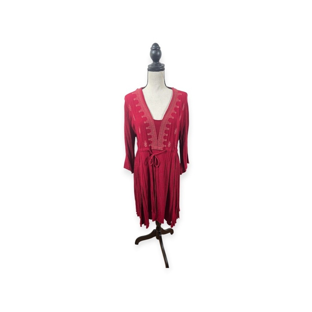 Indigo Soul Tunic Dress Womens‎ Large Red Embroidered Boho V-Neck Crinkle L